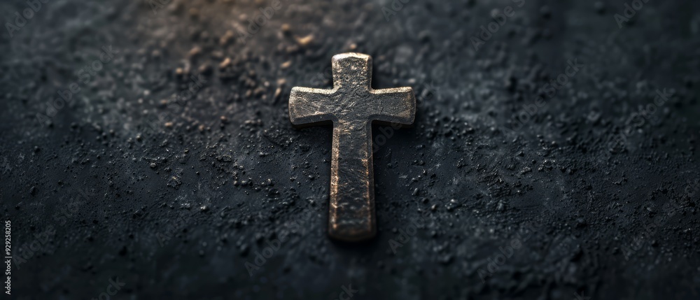 A tight shot of a metallic cross against a dark background, adorned with water droplets at its base A tight shot of a metallic cross against a dark background, adorned with water droplets at its base
