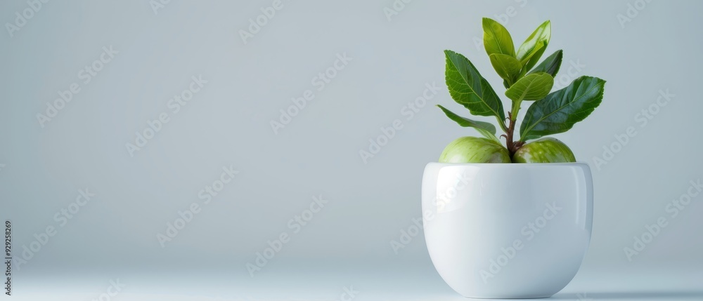 A white vase holds an apple and a green plant its center, against a gray backdrop A white vase holds an apple and a green plant its center, against a gray backdrop