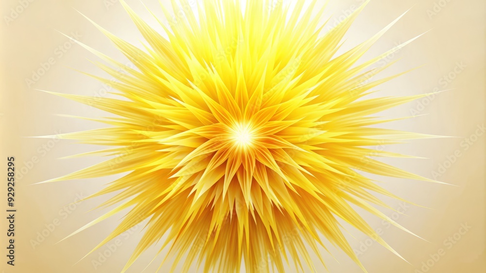 Fototapeta premium Vibrant yellow starburst radiates energy with delicate, feathery tendrils extending outward, casting a warm, sunny glow against a soft, creamy white background.
