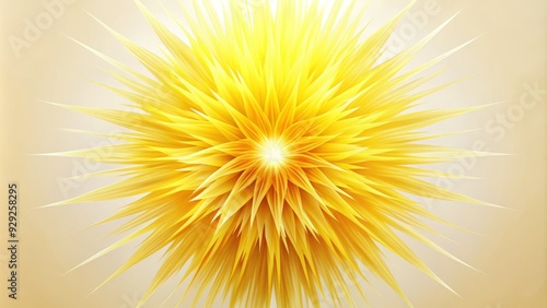 Vibrant yellow starburst radiates energy with delicate, feathery tendrils extending outward, casting a warm, sunny glow against a soft, creamy white background.