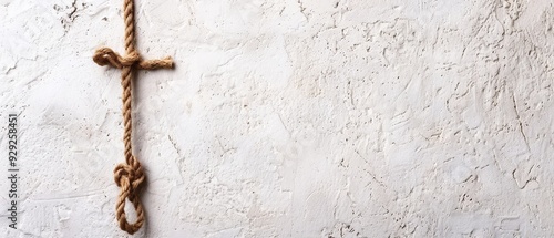  A tight close-up of a rope against a wall, displaying a knot at each end photo