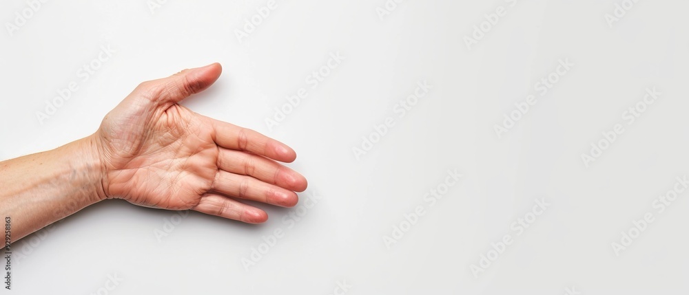 Fototapeta premium A hand, in close-up, stretches towards a white wall against a pristine white background