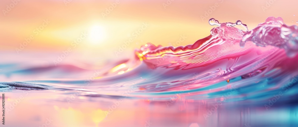 a sun glows behind, foreground displays another pink-blue wave a sun glows behind, foreground displays another pink-blue wave