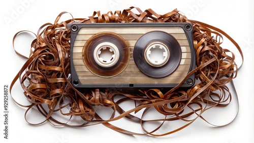 Vintage audio cassette tape reel unwinds from metal spool, tangled mess of brown magnetic tape curls around edges, nostalgic retro music memory.