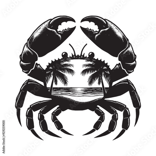 silhouette of Crab filled with ocean beach view with palm tree in rough drawing