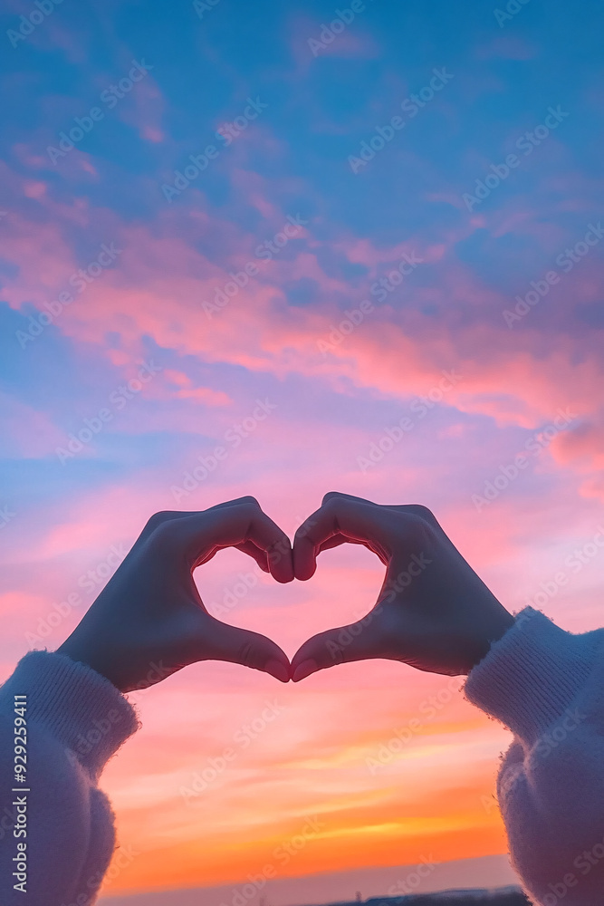 Fototapeta premium Hands forming a heart shape against a colorful sunset sky, perfect for conveying themes of love, connection, and romance in vibrant outdoor settings.
