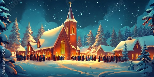 Festive church illustration glowing warmly in a snowy village, people gathering for a holiday service, starry sky above, evoking a sense of togetherness and joy, selective focus
