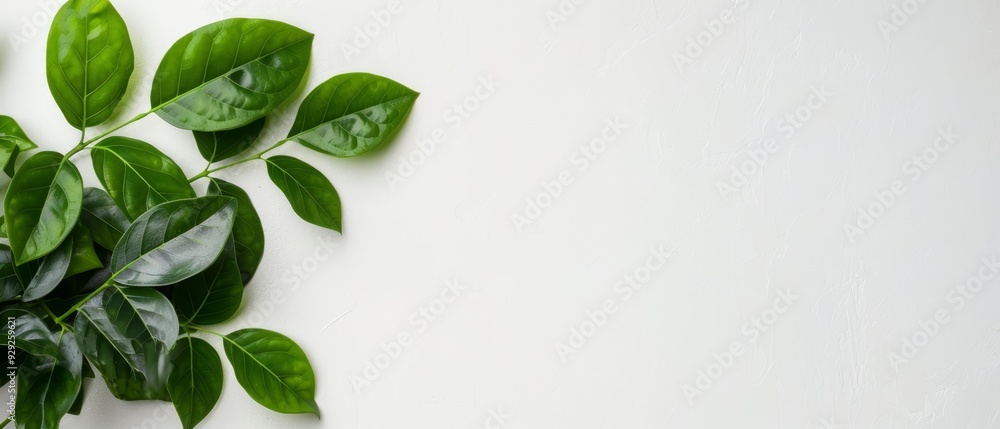 Close-up of a green plant against a clean white backdrop Text space on the left side Close-up of a green plant against a clean white backdrop Text space on the left side