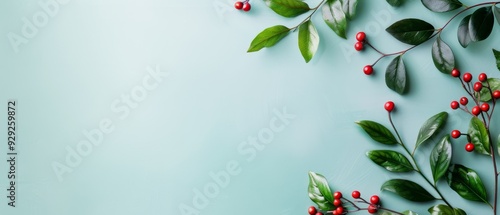  A red-berried branch against a blue backdrop Text or image insertion area photo