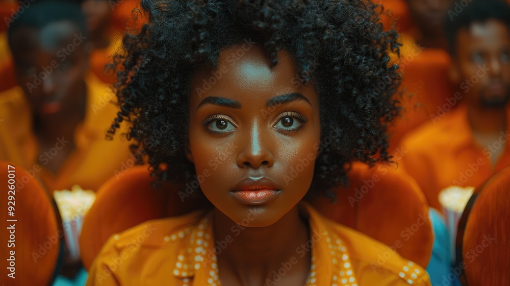 Fototapeta premium A woman with natural curls and a focused expression looks intently ahead, dressed in an orange outfit, amidst a sea of similar tones, presenting an engrossing appearance.