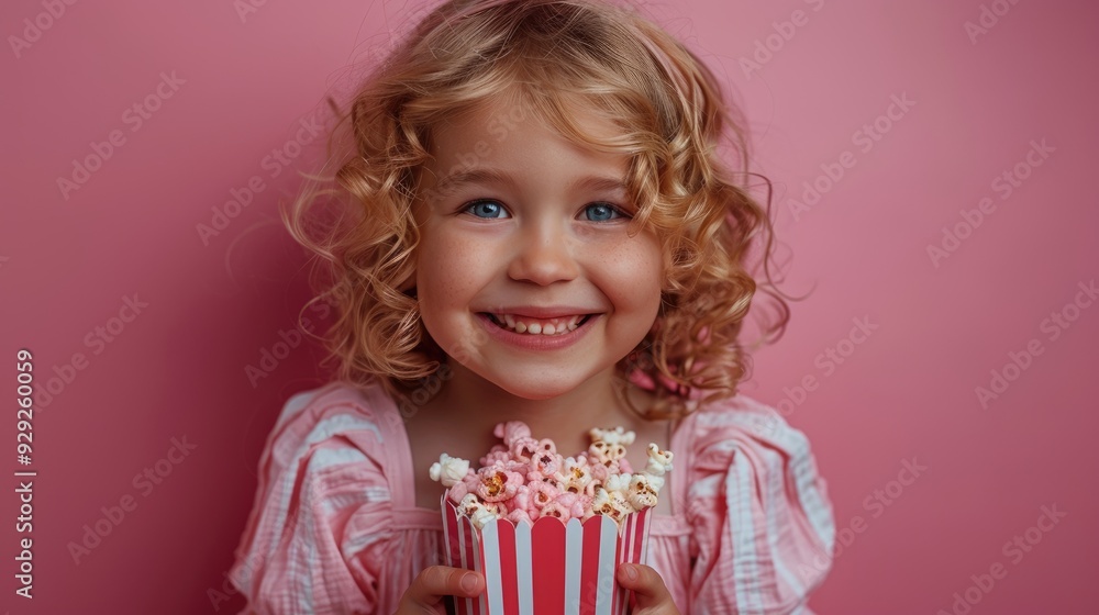 A young girl with curly blonde hair happily holds a bucket of popcorn, flashing a bright smile against a pink background, embodying innocence and joy in a simple, vibrant scene. A young girl with curly blonde hair happily holds a bucket of popcorn, flashing a bright smile against a pink background, embodying innocence and joy in a simple, vibrant scene.