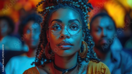 A woman wearing glasses and vibrant earrings sits in a colorful theater setting, surrounded by people, projecting a sense of attentiveness and intellectual curiosity.