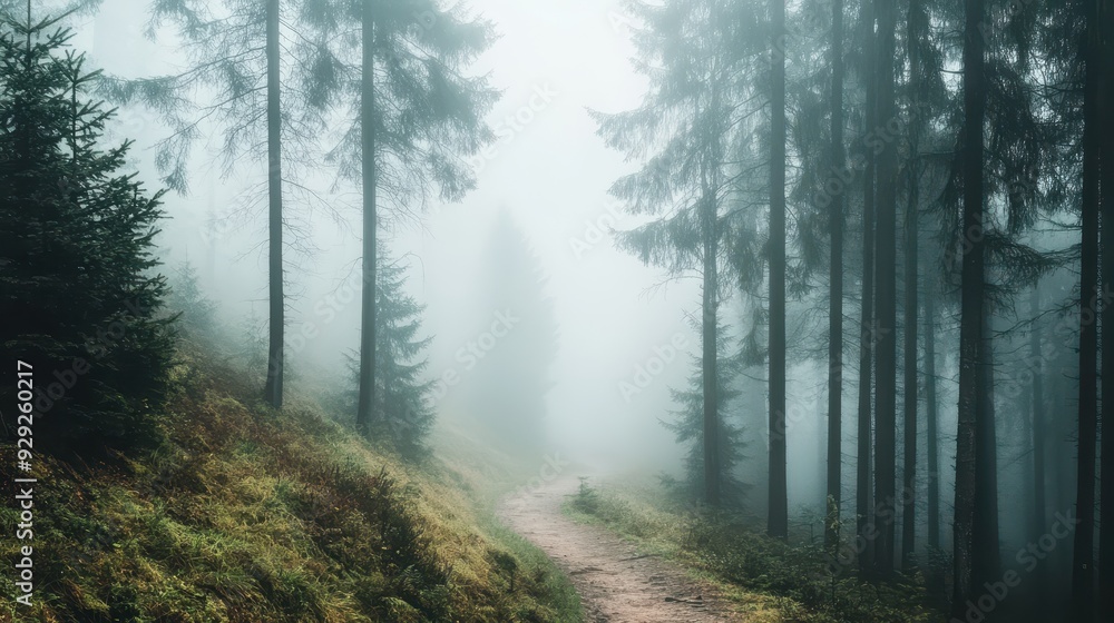 A misty forest path winding through tall trees, creating a serene and mysterious atmosphere. A misty forest path winding through tall trees, creating a serene and mysterious atmosphere.