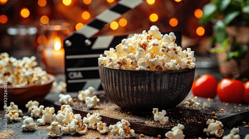 A rustic bowl filled with popcorn sits next to a movie clapperboard and glowing lights, creating a cozy and inviting scene perfect for a movie night or casual gathering. A rustic bowl filled with popcorn sits next to a movie clapperboard and glowing lights, creating a cozy and inviting scene perfect for a movie night or casual gathering.