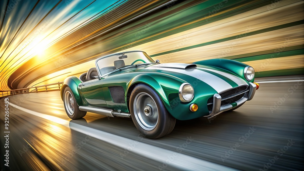 Obraz premium Vintage sports car with shiny green body and bold white racing stripes zooms down the track, leaving a blurred motion trail behind.