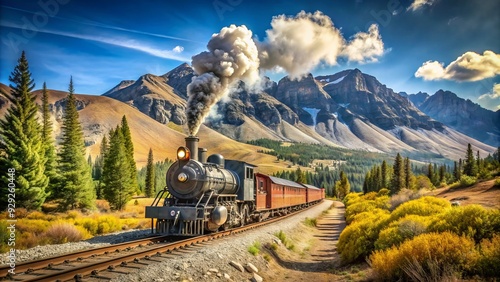 Vintage steam locomotive chugs along the historic transcontinental railroad tracks, surrounded by vast American wilderness and rugged mountain ranges under a clear blue sky.