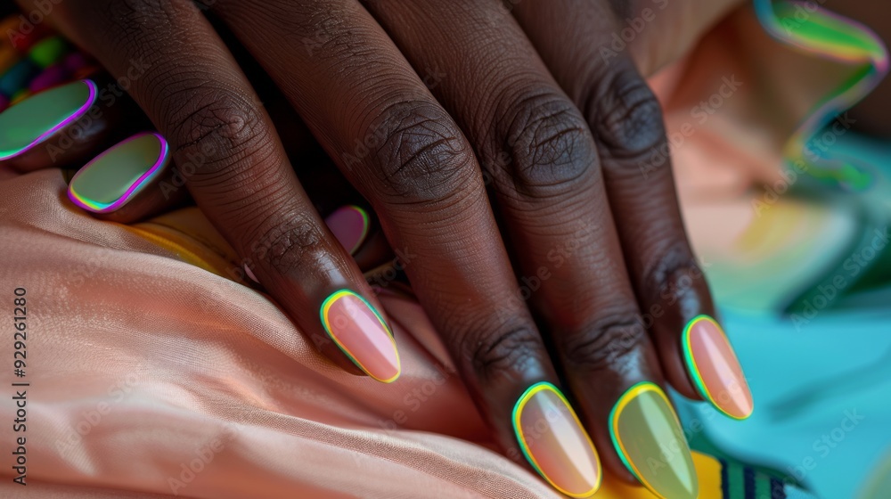 Obraz premium A beautifully manicured hand with vibrant nail art rests elegantly on bright fabric with intricate patterns