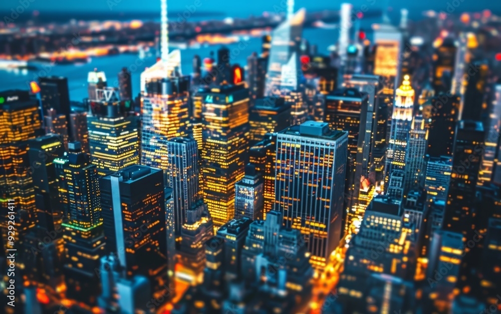 Obraz premium Aerial view of a vibrant cityscape at night with illuminated skyscrapers and streets, creating a bustling urban atmosphere. Perfect for city life and night-time themes.