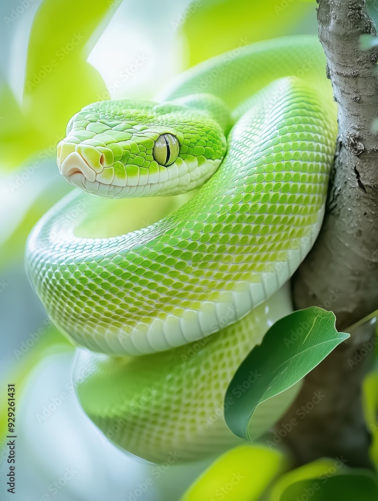 Fototapeta premium Green snake coiled on tree branch in vibrant foliage, close-up