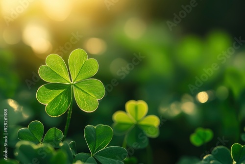 Green shamrock natural background. Selective focus on a central leave with generative ai