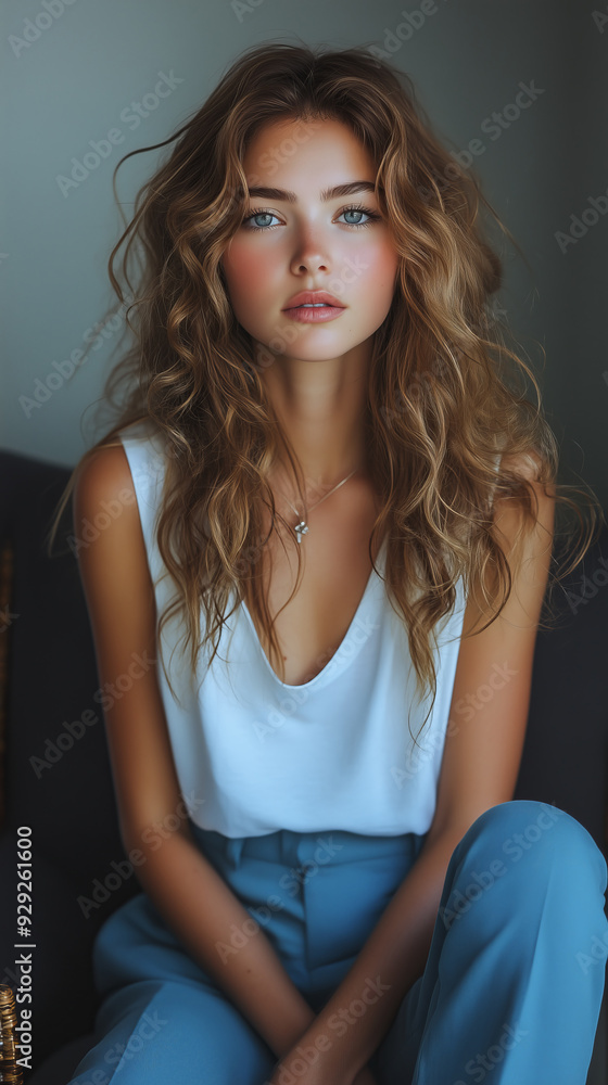 Naklejka premium Young woman with curly hair in white top and blue pants, calm expression