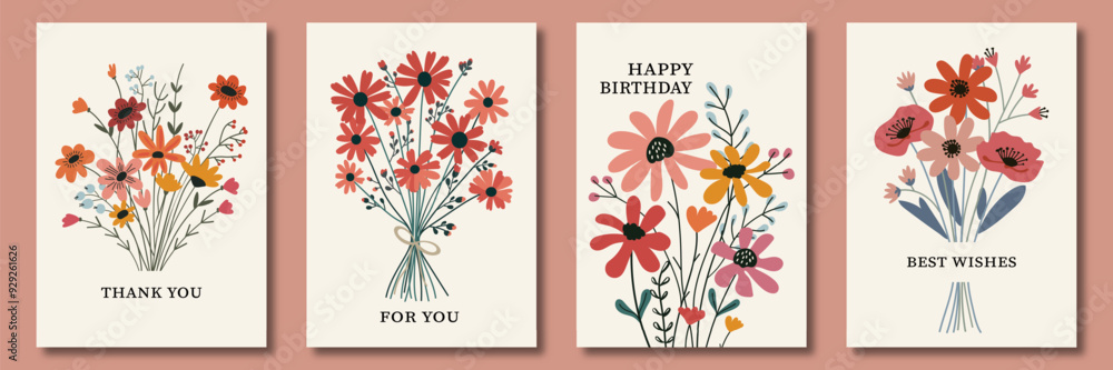 A charming set of cards with bouquets of flowers in a minimalist style. Each card has a simple and heartfelt message: “Thank you,” “For you,” “Happy Birthday,” and “Best Wishes.” Covers for design. A charming set of cards with bouquets of flowers in a minimalist style. Each card has a simple and heartfelt message: “Thank you,” “For you,” “Happy Birthday,” and “Best Wishes.” Covers for design.