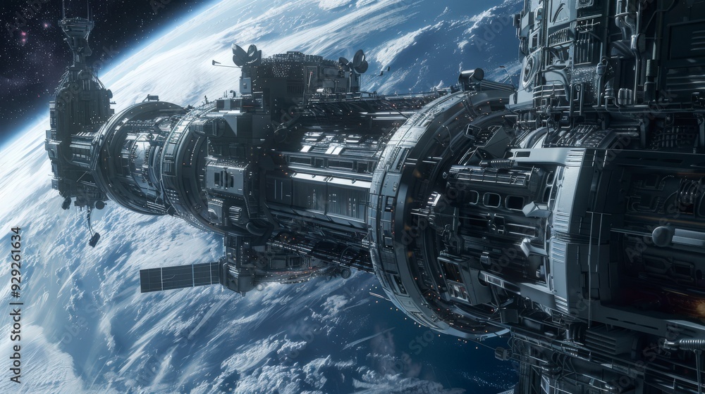 A futuristic space station orbiting Earth, showcasing advanced technology and design. A futuristic space station orbiting Earth, showcasing advanced technology and design.