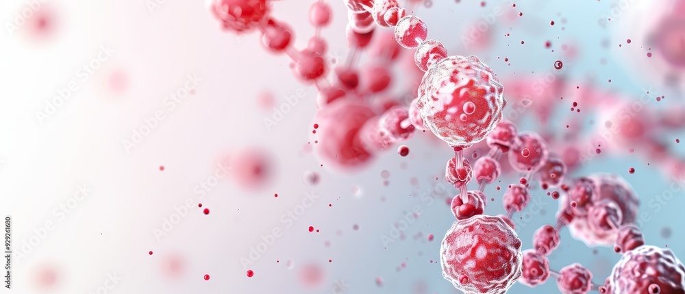 Close-up of red blood cells in a vein against blue and white background Blue sky visible in distant background Close-up of red blood cells in a vein against blue and white background Blue sky visible in distant background