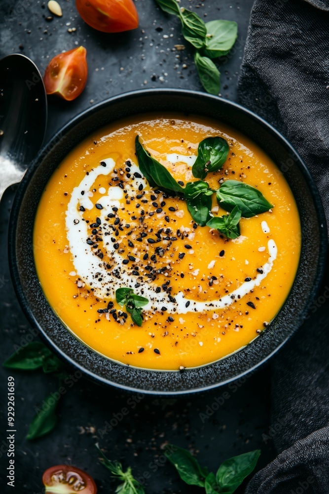 Pumpkin soup topped with cream, basil leaves, and spices in black bowl Pumpkin soup topped with cream, basil leaves, and spices in black bowl