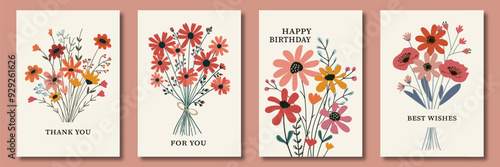 A charming set of cards with bouquets of flowers in a minimalist style. Each card has a simple and heartfelt message: “Thank you,” “For you,” “Happy Birthday,” and “Best Wishes.” Covers for design.