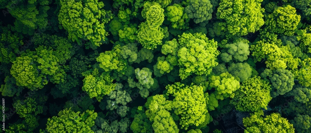 Forest's verdant canopy in foreground, blue sky in background Forest's verdant canopy in foreground, blue sky in background