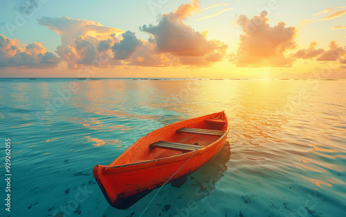 A lone red boat floats peacefully on calm waters at sunset, with golden clouds reflecting on the sea. Perfect for travel, solitude, and nature-themed designs.