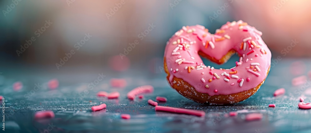 A donut with pink icing and sprinkles on a blue backdrop, adorned with pink and white sprinkles A donut with pink icing and sprinkles on a blue backdrop, adorned with pink and white sprinkles