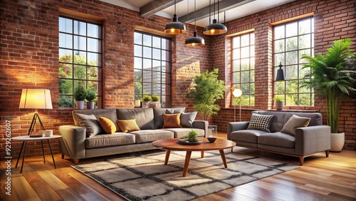 Warm and inviting living room with cozy atmosphere, featuring a stylish exposed brick wall, modern furniture, and large windows letting in natural light. photo