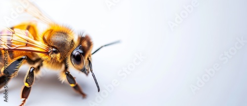  Close-up of a bee against a white background Blurred image of bee's posterior