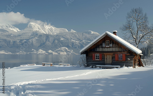 Cozy wooden cabin nestled in snow-covered mountains, capturing the essence of a peaceful winter retreat. Perfect for holiday and winter-themed content.