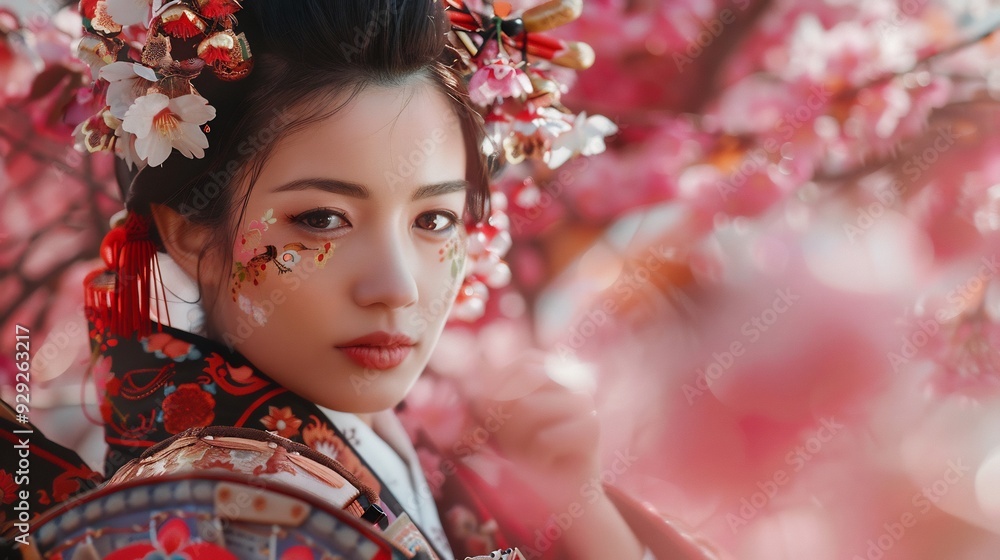Beautiful Asian Woman in Traditional Red Kimono with Cherry Blossom Flowers in Background Beautiful Asian Woman in Traditional Red Kimono with Cherry Blossom Flowers in Background