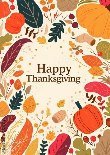 Happy Thanksgiving text with autumn leaves and pumpkins on a festive background photo