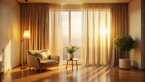 Warm golden light spills through a partially open curtain, softly illuminating a serene and inviting atmosphere in a minimalist modern interior space. photo