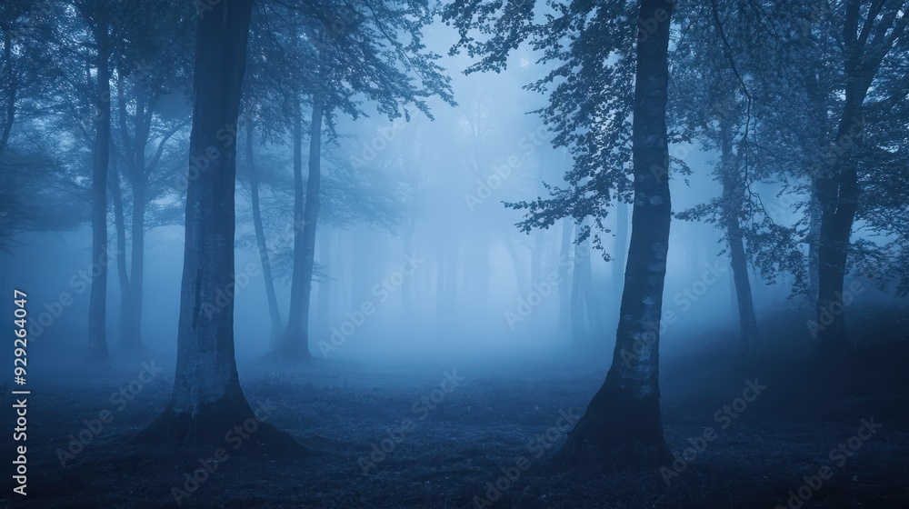 Obraz premium A misty forest scene with tall trees shrouded in blue fog, creating an eerie atmosphere.
