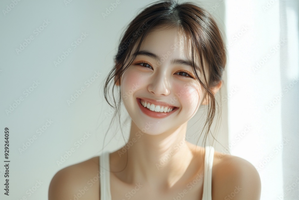 Beautiful young Asian woman smiling and happy created with Generative AI Beautiful young Asian woman smiling and happy created with Generative AI