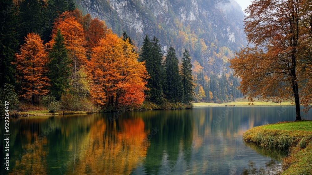 Tranquil autumn landscape with misty mountains reflected in a still lake. Perfect for nature and seasonal imagery. Tranquil autumn landscape with misty mountains reflected in a still lake. Perfect for nature and seasonal imagery.