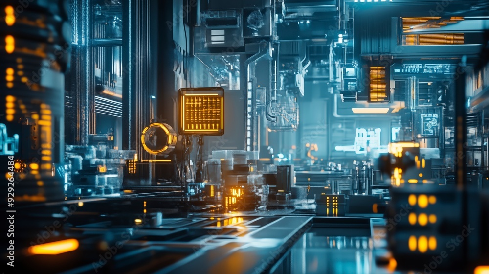 A futuristic, high-tech environment filled with glowing elements and intricate machinery. A futuristic, high-tech environment filled with glowing elements and intricate machinery.