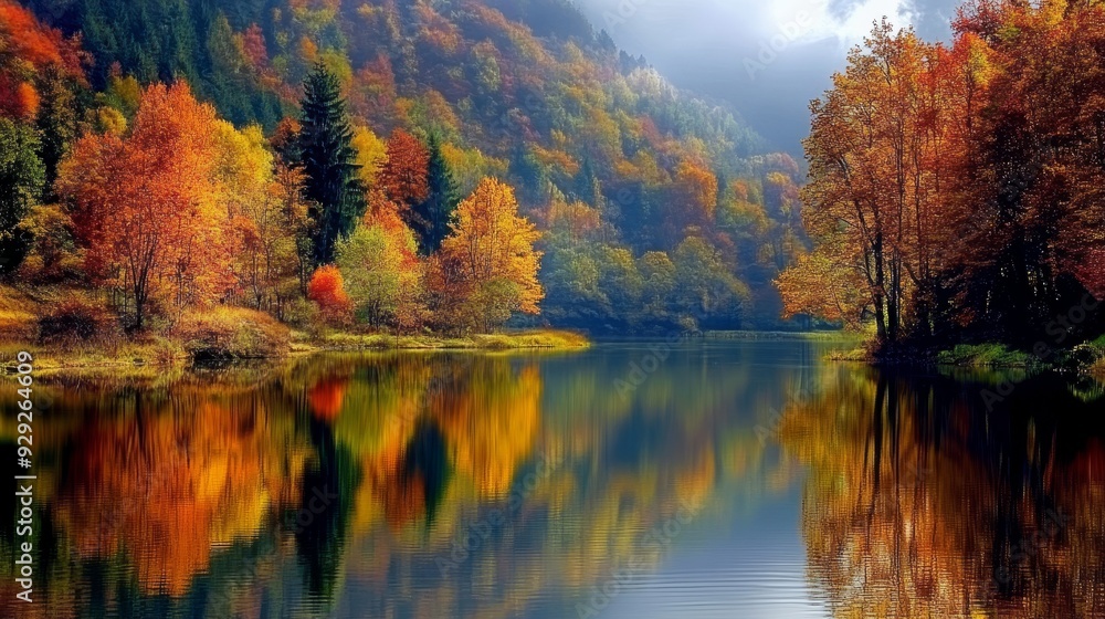 Autumn leaves on a lakeside with vibrant red and orange tones reflecting in the water. Perfect for fall and nature imagery. Autumn leaves on a lakeside with vibrant red and orange tones reflecting in the water. Perfect for fall and nature imagery.