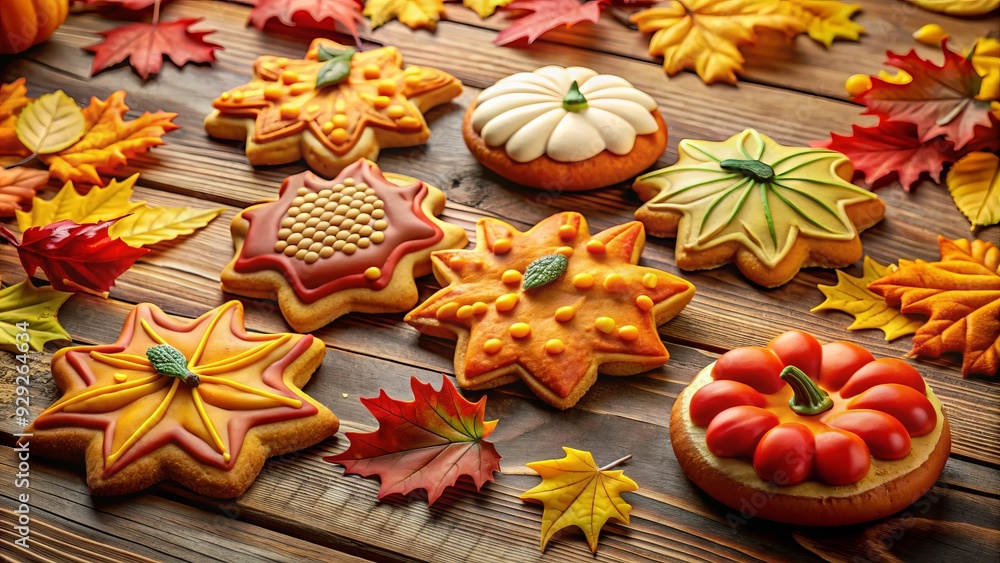 Warmly lit, freshly baked Thanksgiving cookies arranged on a rustic wooden table, adorned with autumnal leaves and a hint of festive holiday cheer. Warmly lit, freshly baked Thanksgiving cookies arranged on a rustic wooden table, adorned with autumnal leaves and a hint of festive holiday cheer.