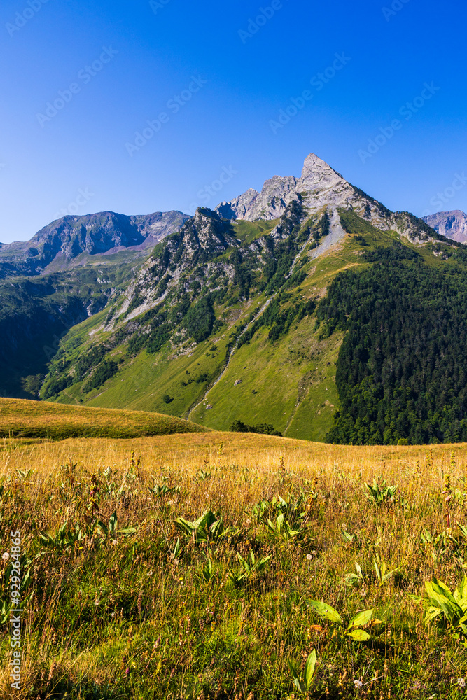 Obraz premium Pic de la Pique, culminant à 2387 m d’altitude, dans les Pyrénées françaises, depuis le Plateau du Campsaure à la frontière franco-espagnole