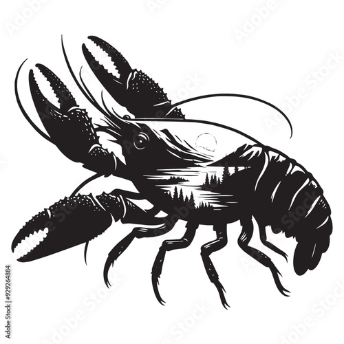 silhouette of Crayfish filled with mountain and nature view in rough drawing