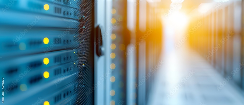 A line of servers in a data center, with one row illuminated by a bright light above A line of servers in a data center, with one row illuminated by a bright light above