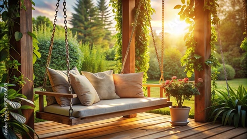 Warm sunlight casts a gentle glow on a serene porch scene featuring a vintage wooden swing adorned with plush pillows and lush greenery surroundings. photo