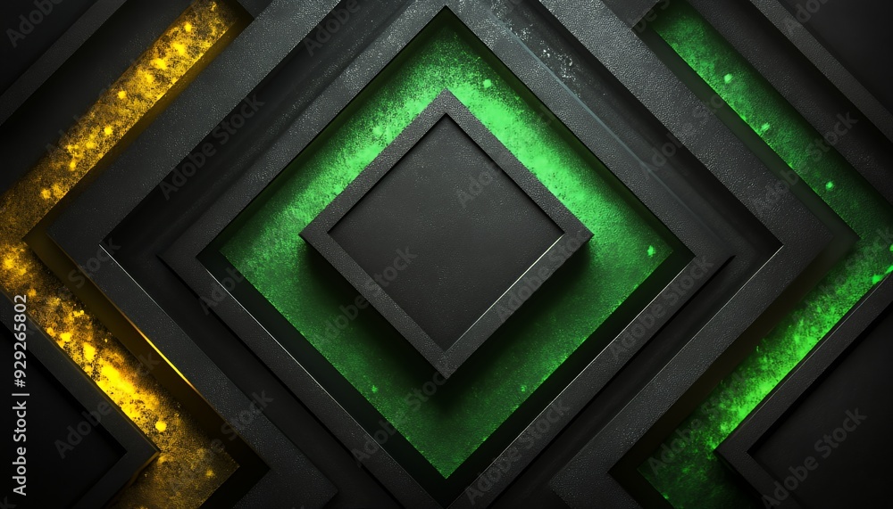 A geometric design featuring layered frames with glowing yellow and green accents. A geometric design featuring layered frames with glowing yellow and green accents.